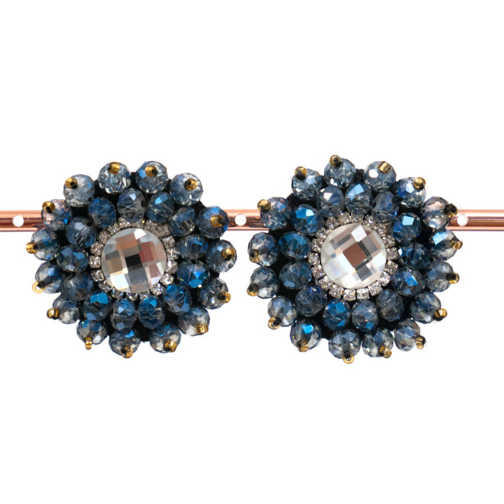 Bijouterie Clip Earrings With Faceted Crystals With Central Cabochon 36mm Blue AB