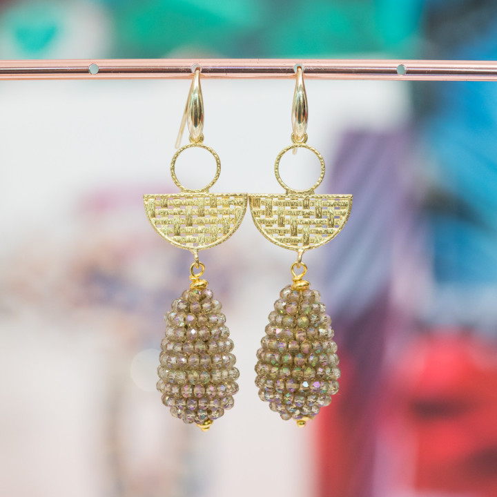 Pendientes De Gancho De Plata De Ley 925 Con Cesta Central De Bronce Y Colgante De Cristales De Mora 18x70mm Marrón