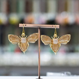 Orecchini A Monachella Di Argento 925 Con Farfalle Di Bronzo E Occhio Di Gatto 45mm Marrone