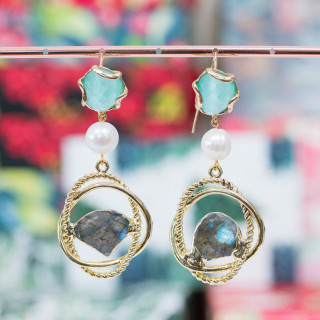 Bronze Lever Earrings With Cat's Eye Elements And River Pearls With Druzi and Water Semi-precious Stones