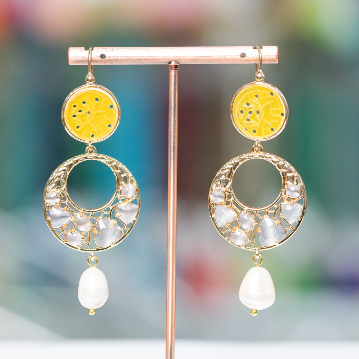 Bronze Lever Earrings With Burma Jade And Cat's Eye Set And River Pearls 28x75mm Yellow Gray