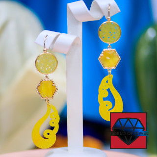 Boucles D'oreilles Crochet En Bronze Oeil De Chat Et Jade De Birmanie Jaune