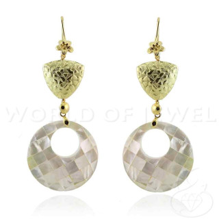 Golden Bronze Lever Earrings With Mother of Pearl and Perforated Round Mosaic