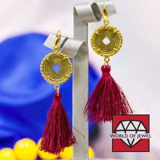 Pendientes De Gancho De Latón Con Monedas Antiguas Y Borlas Rojas