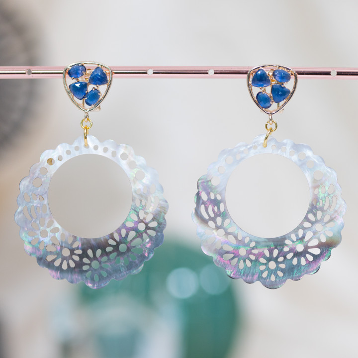 Pendientes Bolitas Cerrados De Bronce Con Engaste Ojo De Gato Y Nácar Azul Perforado