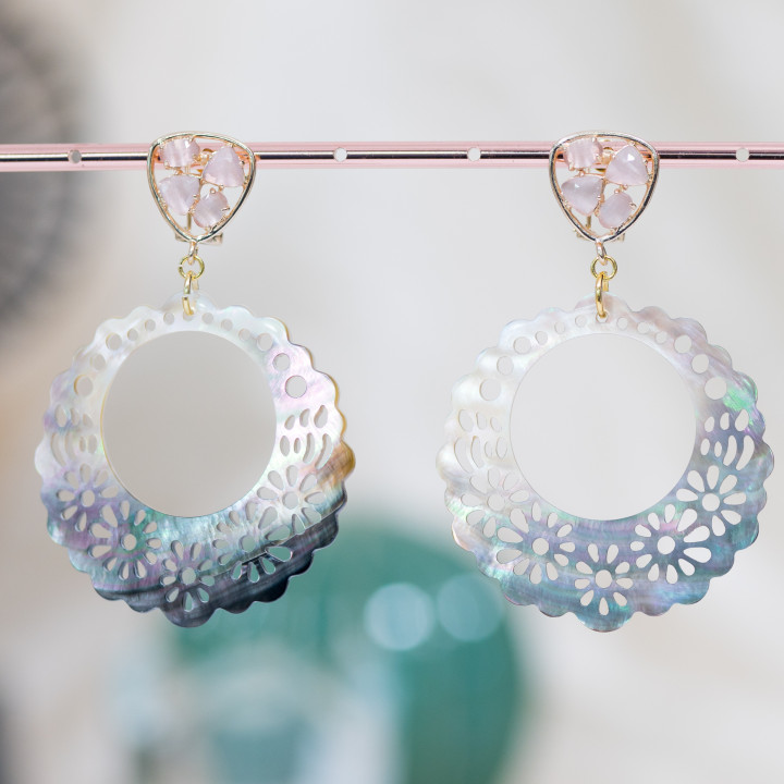 Boucles D'oreilles Tiges Fermées Bronze Oeil De Chat Incrusté Et Nacre Perforée Rose Poudré