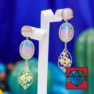 Χάλκινα καρφωτά σκουλαρίκια με Σετ Cat's Eye Cabochon και Μπρούτζινο φύλλο