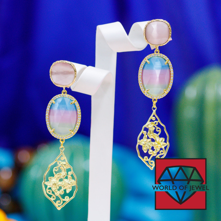 Boucles D'oreilles Tiges En Bronze Avec Cabochon Oeil De Chat Incrusté Et Feuille De Bronze