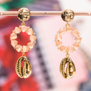 Boucles D'oreilles Tiges En Bronze Composant Oeil De Chat Et Coquillage 24x64mm Pêche Plaqué Or