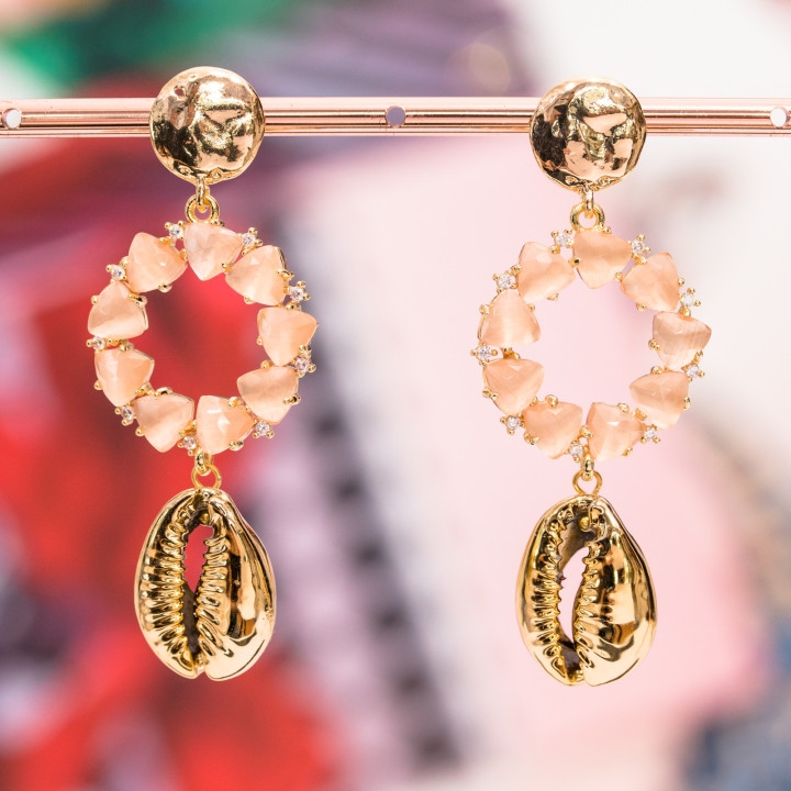 Aretes De Bronce Con Componente De Ojo De Gato Y Concha 24x64mm Chapado En Oro Melocotón