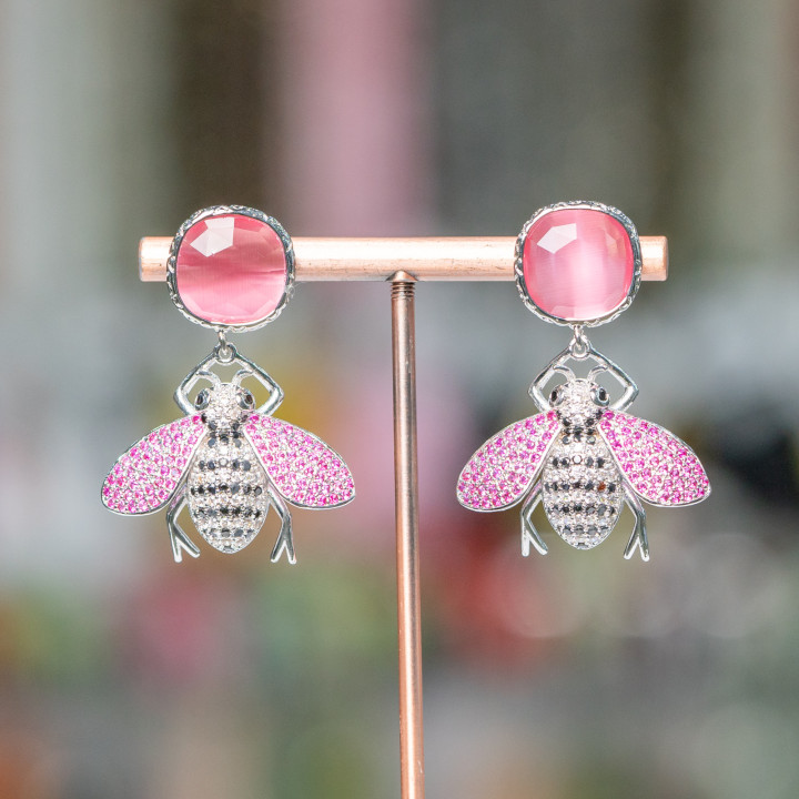 Pendientes Bolitas Ojo De Gato Y Abejas Bronce Con Circonitas Engastadas 30x40mm MOD6