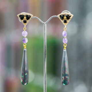 Bronze Stud Earrings With Cat's Eye And Zircons With Machine Cut Pendant And Drops Of Majorcan Pearls 18x80mm