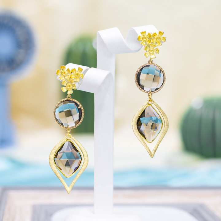 Boucles d'oreilles en bronze avec œil de chat incrusté et éléments en bronze fumé