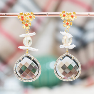 Aretes De Bronce Con Piedras Duras Perlas De Río Y Cabujón Ojo De Gato Engastado Con Circonitas Ahumadas