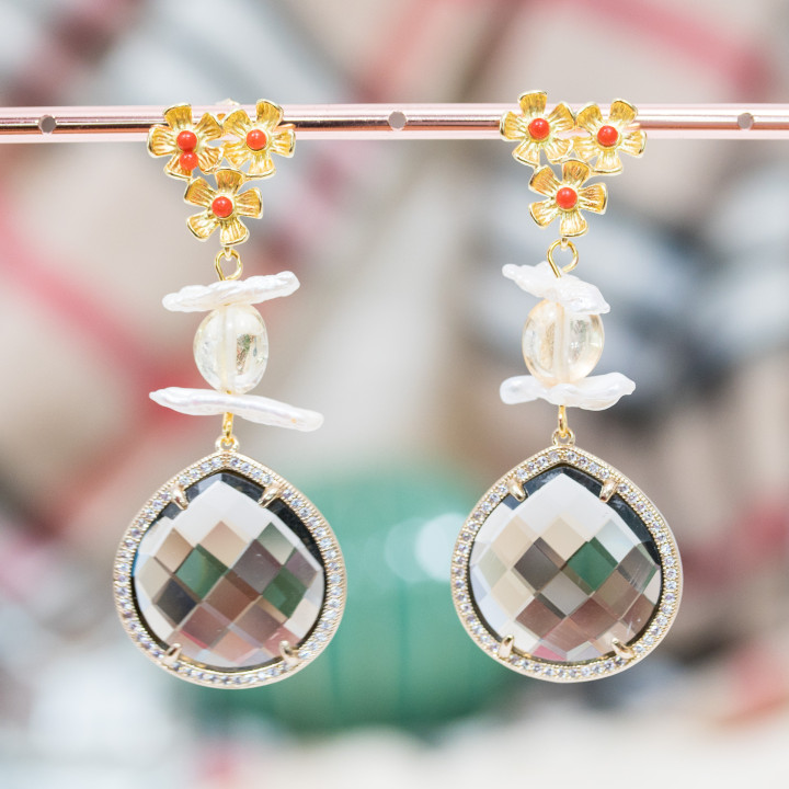 Bronze Stud Earrings With Semi-precious River Pearls And Cat's Eye Cabochon Set With Smoked Zircons