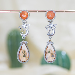 Boucles D'oreilles Tiges En Bronze Et Zircons Avec Oeil De Chat Et Paillettes