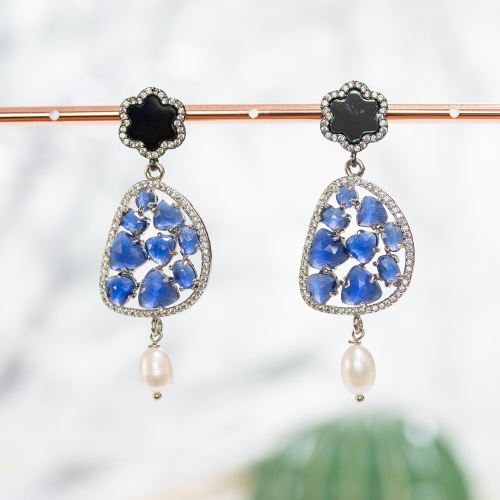 Bronze and Zircon Stud Earrings with Set Cat's Eye and Mother of Pearl with Black and Blue River Pearls
