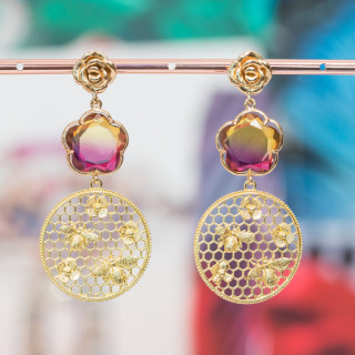 Boucles d'Oreilles Tige Bronze Rose avec Centre Fleur Oeil de Chat et Pendentif Cercle Usiné Bronze 30x65mm MOD 1