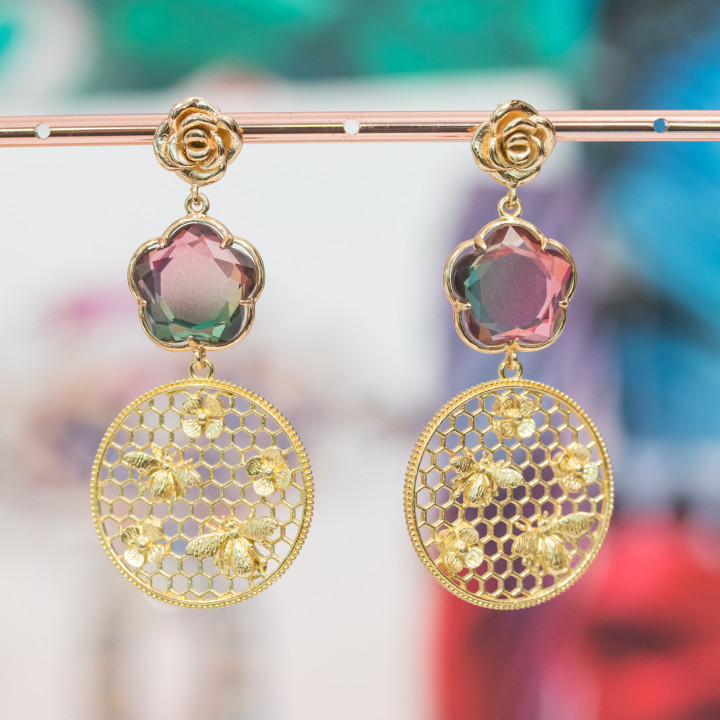 Boucles d'Oreilles Tige en Bronze Rose avec Centre Fleur Oeil de Chat et Pendentif Cercle Usiné en Bronze 30x65mm MOD 3