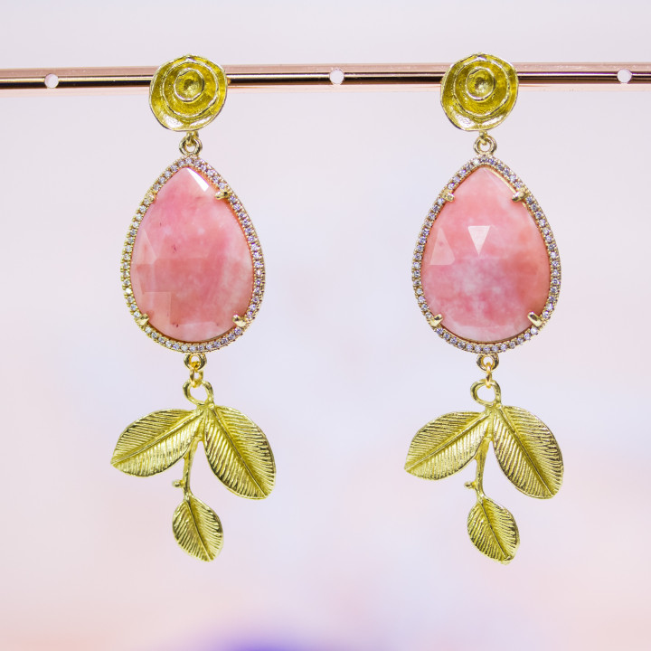 Boucles D'oreilles Tiges Oeil De Chat En Bronze Bordées De Zircons Et De Feuilles De Bronze En Peau D'ange Rose