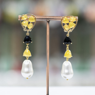 Boucles D'oreilles Tiges Oeil De Chat En Bronze Avec Pampilles 16x62mm Jaune