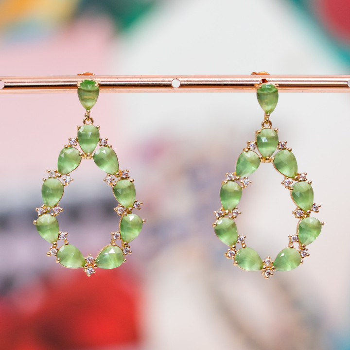 Aretes De Ojo De Gato De Bronce En Juego De Gotas Con Circonitas 25.5x44mm Dorado Verde Claro