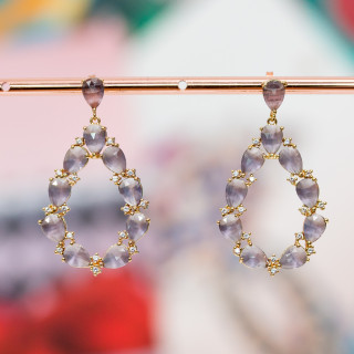 Pendientes Bronce Ojo De Gato Engastados Gota Con Circonitas 25.5x44mm Púrpura Dorado