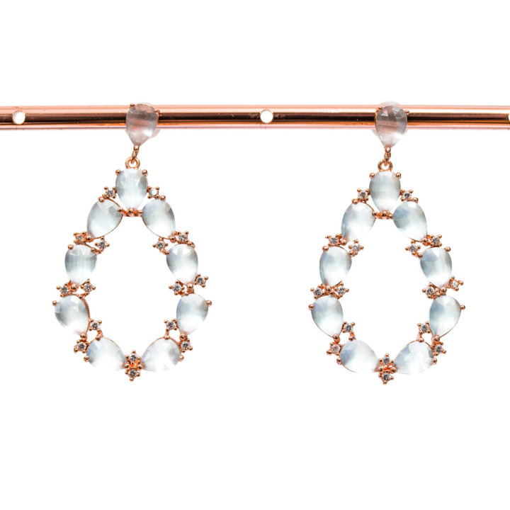 Bronze Cat Eye Ohrstecker Drop Set mit Zirkonen 25,5 x 44 mm Rose Gold Aqua