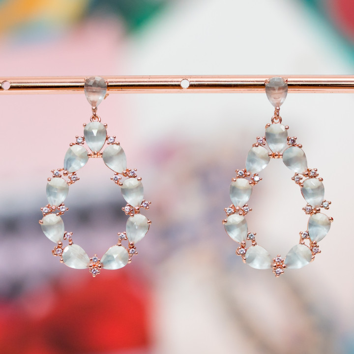 Juego de aretes de bronce con forma de ojo de gato y circonitas, 25,5x44 mm, oro rosa, verde azulado