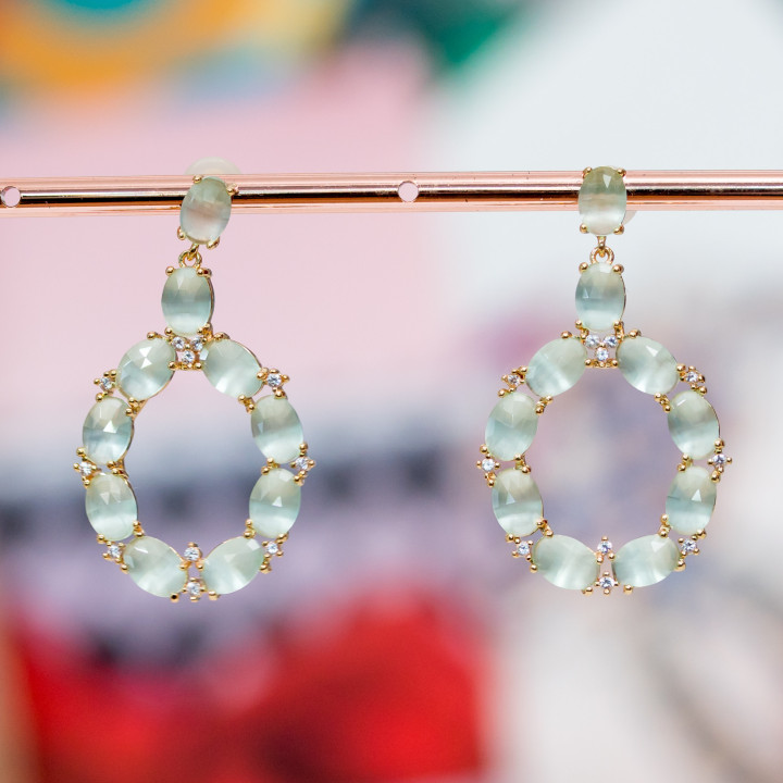 Aretes Ojo de Gato de Bronce Ovalados con Circonitas 25.5x42mm Verde Azulado Dorado