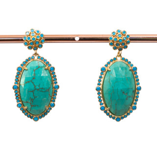 Boucles D'oreilles Tiges Bronze Avec Pierres Serties Et Zircons 22x43mm Turquoise Et Turquoise Stabilisée