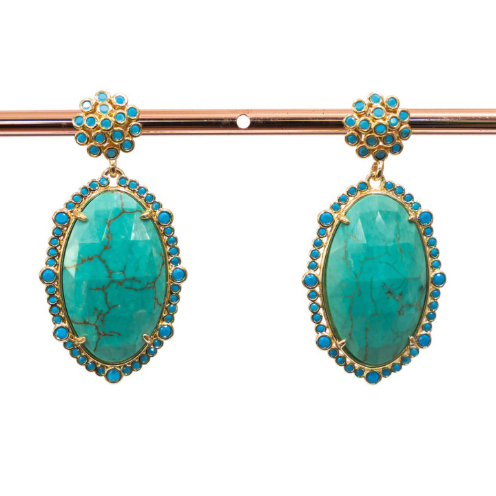 Boucles D'oreilles Tiges Bronze Avec Pierres Serties Et Zircons 22x43mm Turquoise Et Turquoise Stabilisée