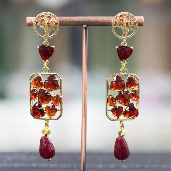 Boucles D'oreilles Tiges Arbre En Bronze Avec Oeil De Chat Incrusté Et Jade Rouge 17x76mm