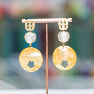 Boucles d'oreilles puces bronze oeil de chat bronze et nacre ronde avec fleur 30x64mm