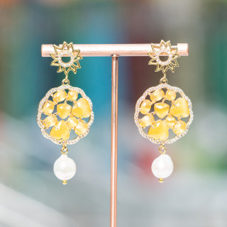 Orecchini Perno Di Argento 925 Con Bronzo E Occhio Di Gatto E Perle Di Fiume 24x55mm Giallo