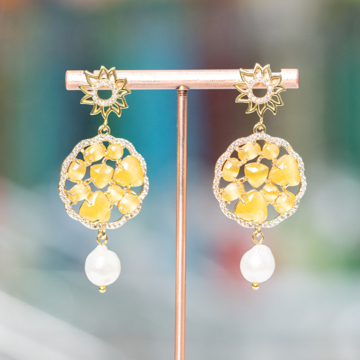 Aretes De Plata De Ley 925 Con Bronce Y Ojo De Gato Y Perlas De Rio 24x55mm MOD4