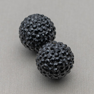 Rhinestone Balls Half Round Hole 14mm 8pcs Black