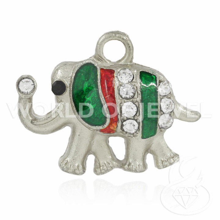 Enamelled Brass Pendant With Elephant Rhinestones 22x16mm 25pcs Silver