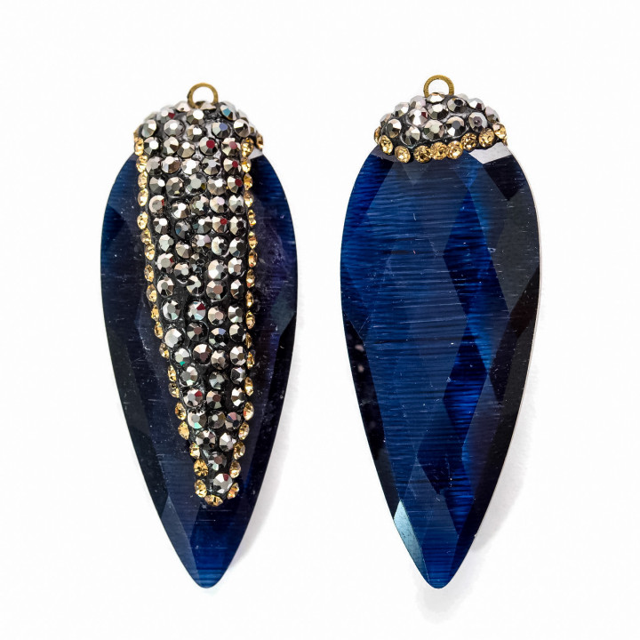 Pendentifs Œil de Chat Avec Marcassite 17x42mm 8pcs Or et Bleu Foncé