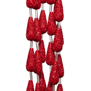 Engraved Drops Wire Resin Beads 08x20mm 15pcs Red