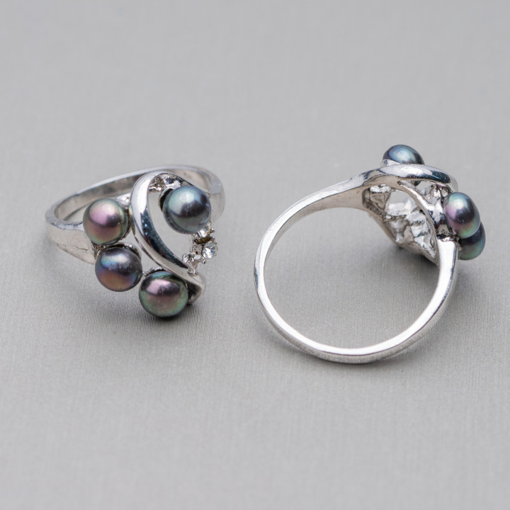 Rhodium-plated Bronze Ring And Freshwater Pearls With 2 Light Points 15x19mm Black Pearls