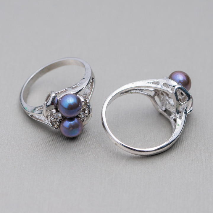 Rhodium-plated Bronze Ring and River Pearls with 3 Light Points 13x19mm Dark Gray