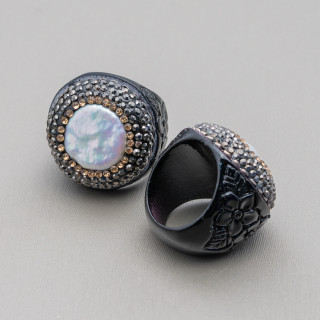 Anello Di Resina Con Strass Marcasite 30mm E Perle Barocche Nero