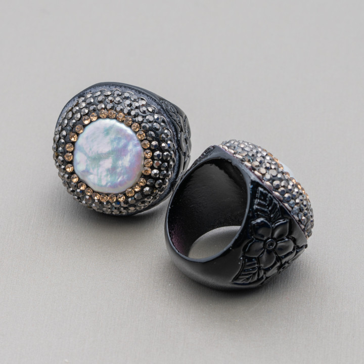 Anello Di Resina Con Strass Marcasite 30mm E Perle Barocche Nero