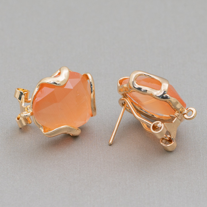 Geschlossene Ohrstecker aus Bronze mit unregelmäßigen facettierten Katzenaugen, Basis 17 mm, 5 Paar, goldorange