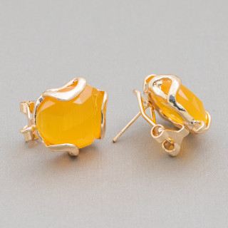 Aretes Cerrados Bronce Ojo De Gato Irregular Facetado Base 17mm 5 Pares Amarillo Dorado