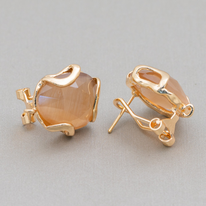 Boucles d'Oreilles Fermées Oeil de Chat Bronze à Facettes Irrégulières Base 17mm 5 Paires Marron Doré