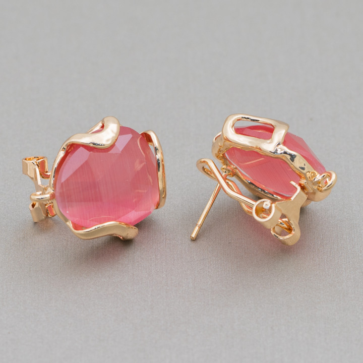 Boucles d'Oreilles Fermées Oeil de Chat Bronze à Facettes Irrégulières Base 17mm 5 Paires Doré Rose Foncé