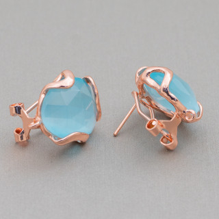 Bronze Closed Stud Earring Base with Irregular Faceted Cat's Eye 17mm 5 Pairs Rose Gold Aqua