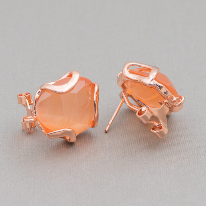 Unregelmäßige facettierte Cat Eye Bronze Geschlossene Ohrstecker Basis 17mm 5 Paar Roségold Orange
